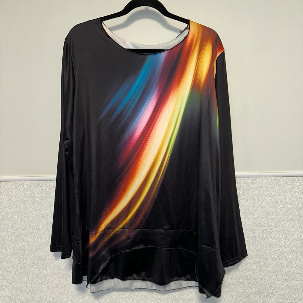Women's Long Sleeve Top 3XL Black Multi-color Rainbow Vibrant Asymmetrical - Picture 8 of 9